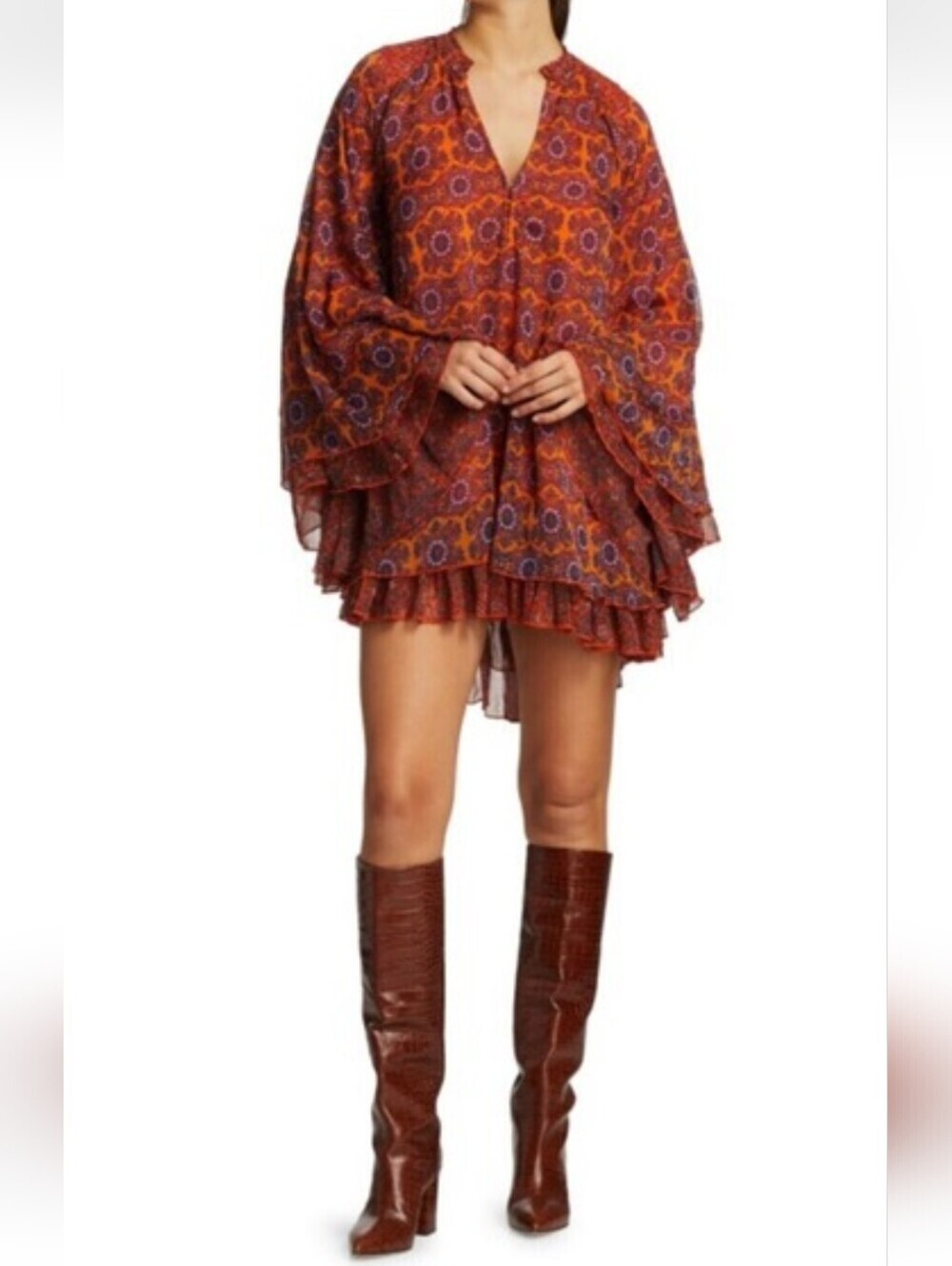 Free People Boho Tiered Mini Dress in Rust Floral Size XS